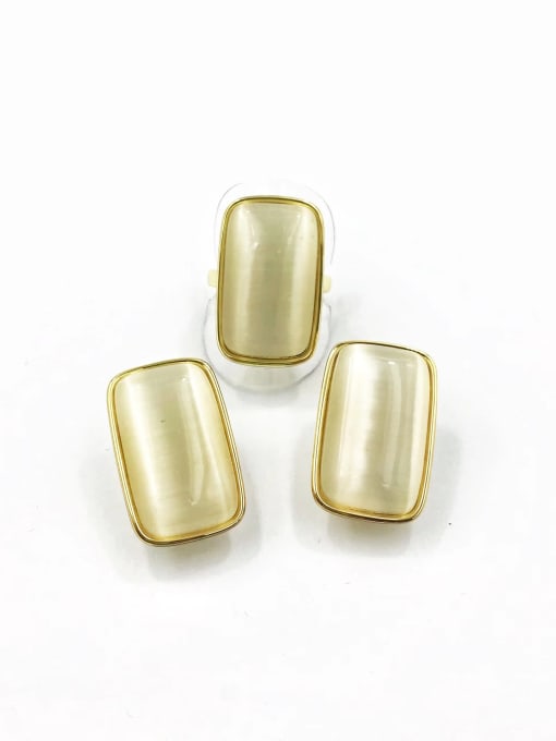 Gold Brass Minimalist Rectangle Cats Eye White Ring And Earring Set