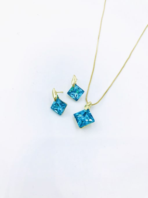 GOLD+BLUE GLASS STONE Minimalist Square Zinc Alloy Glass Stone Blue Earring and Necklace Set