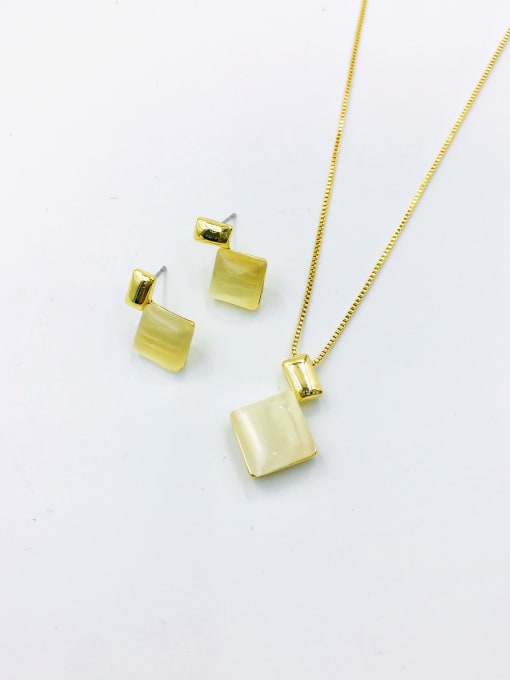 Gold Zinc Alloy Minimalist Square Cats Eye White Earring and Necklace Set