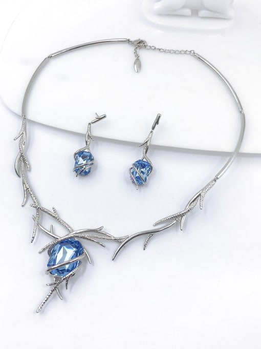 imitation rhodium+blue glass stone Trend Irregular Brass Glass Stone Red Earring and Necklace Set