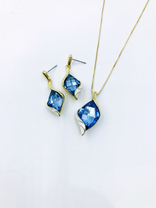 gold+light blue glass Trend Irregular Zinc Alloy Glass Stone Red Enamel Earring and Necklace Set