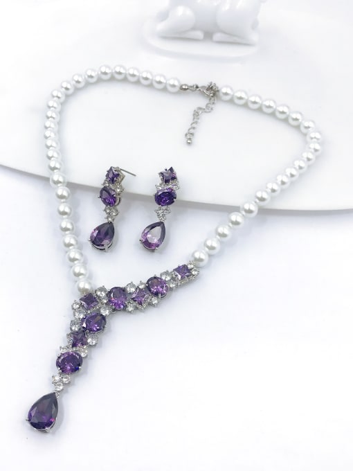 VIENNOIS Trend Brass Cubic Zirconia Purple Earring and Necklace Set 0
