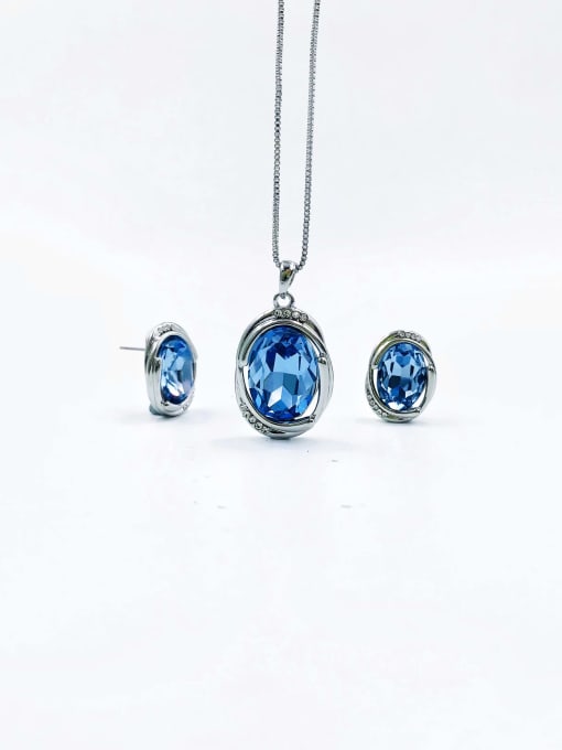 imitation rhodium+blue glass stone Zinc Alloy Trend Oval Glass Stone Green Earring and Necklace Set