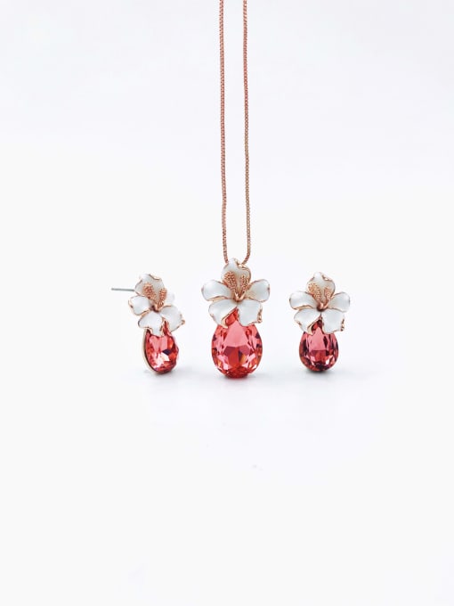 Red Dainty Flower Zinc Alloy Glass Stone Purple Enamel Earring and Necklace Set