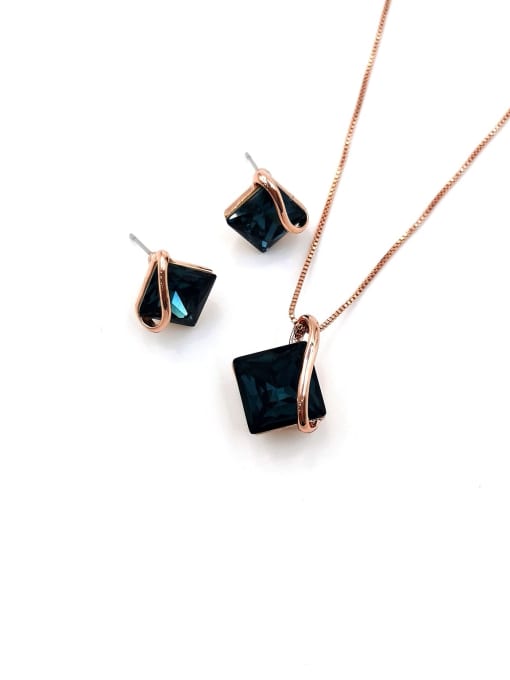 Blue Minimalist Square Zinc Alloy Glass Stone Blue Earring and Necklace Set