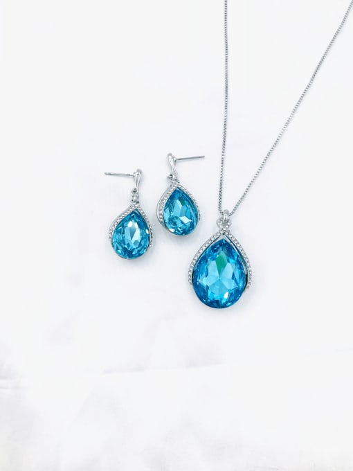 VIENNOIS Luxury Water Drop Zinc Alloy Glass Stone Blue Earring and Necklace Set 0