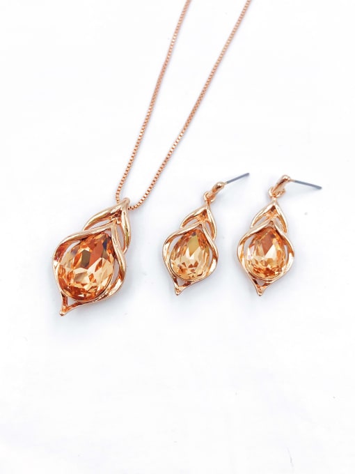 rose gold+orange glass Zinc Alloy Trend Glass Stone Gold Earring and Necklace Set