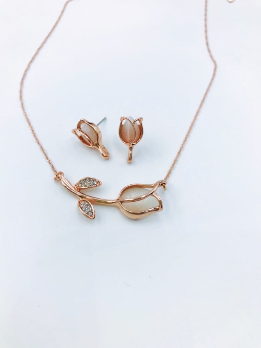 Rose Dainty Flower Zinc Alloy Cats Eye White Earring and Necklace Set
