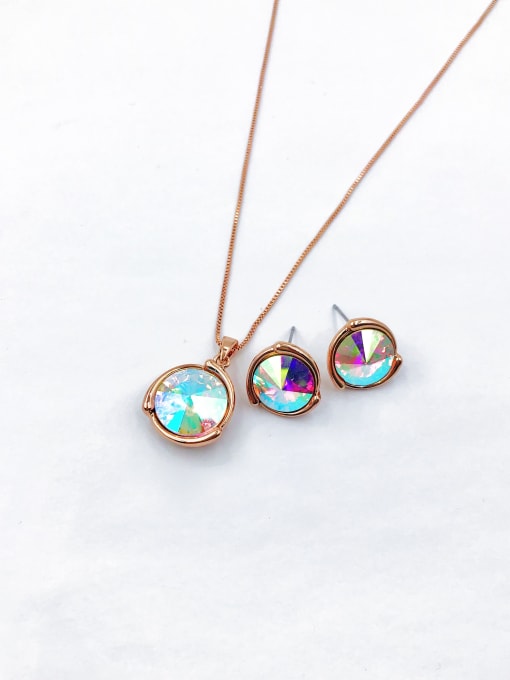 rose gold+dazzling colors glass Zinc Alloy Trend Glass Stone Multi Color Earring and Necklace Set