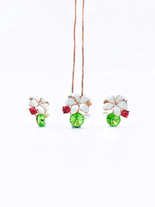 VIENNOIS Brass Dainty Flower Glass Stone Green Enamel Earring and Necklace Set 0