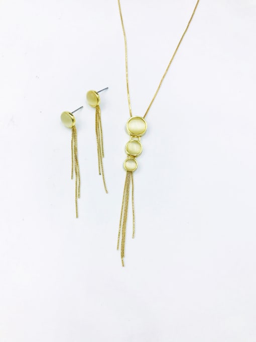 Gold Trend Round Zinc Alloy Cats Eye White Earring and Necklace Set
