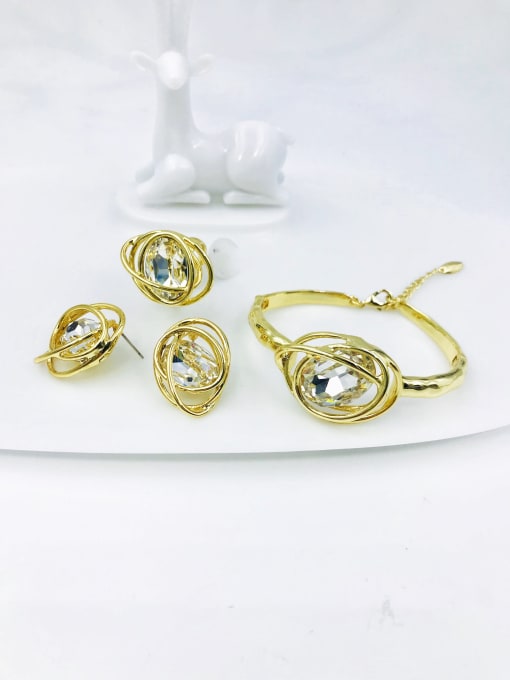 gold+clear glass stone Zinc Alloy Glass Stone Red Trend Irregular  Ring Earring And Bracelet Set