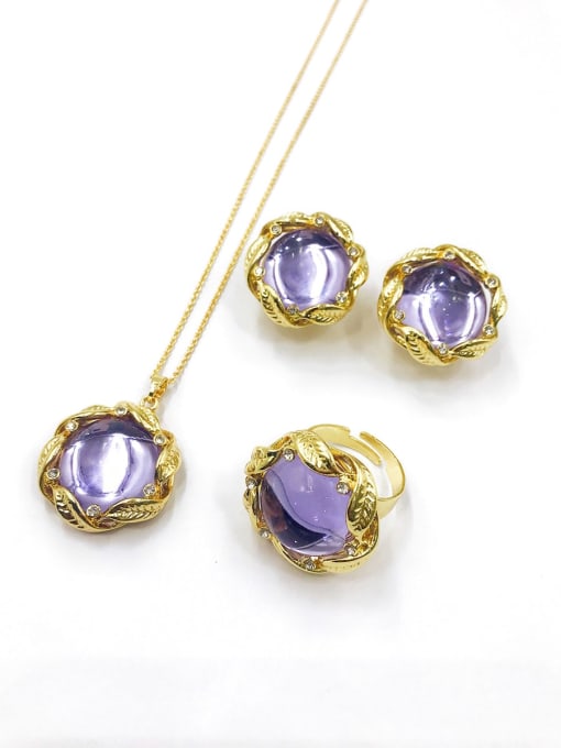 VIENNOIS Trend Leaf Zinc Alloy Resin Purple Earring Ring and Necklace Set 0