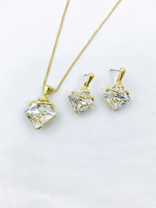gold+white glass Zinc Alloy Trend Square Glass Stone White Earring and Necklace Set
