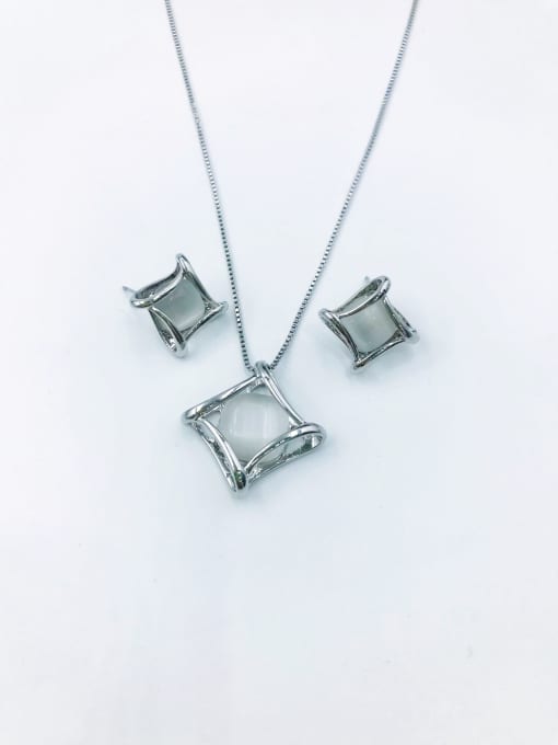 VIENNOIS Minimalist Square Zinc Alloy Cats Eye White Earring and Necklace Set 1