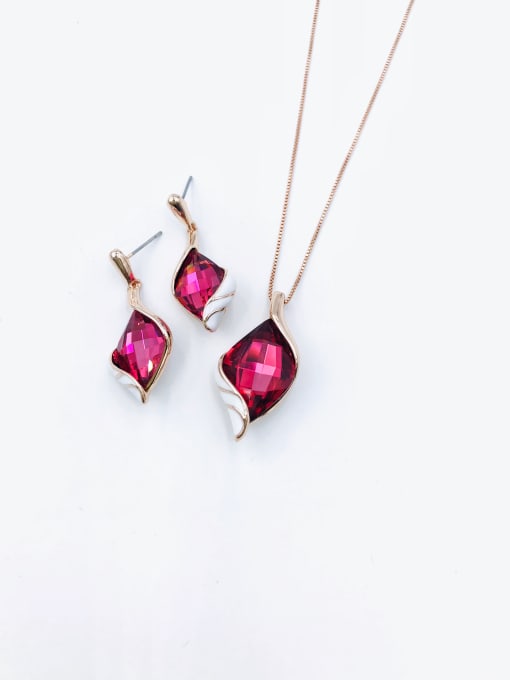 rose gold+red glass Trend Irregular Zinc Alloy Glass Stone Red Enamel Earring and Necklace Set