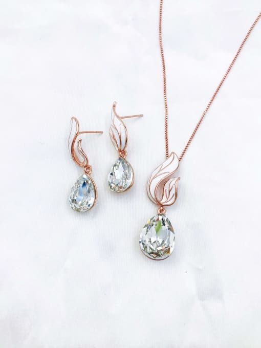 rose gold+clear stone Dainty Water Drop Zinc Alloy Glass Stone Champagne Enamel Earring and Necklace Set