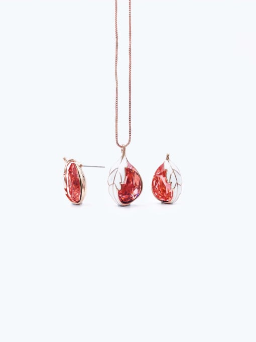 rose gold+red stone Trend Water Drop Zinc Alloy Glass Stone Blue Enamel Earring and Necklace Set