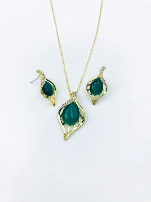 Green Trend Leaf Zinc Alloy Cats Eye Red Earring and Necklace Set