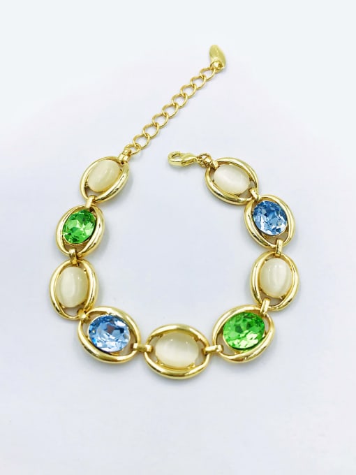 gold+blue&green glass+white cat eye Zinc Alloy Glass Stone Multi Color Oval Trend Bracelet