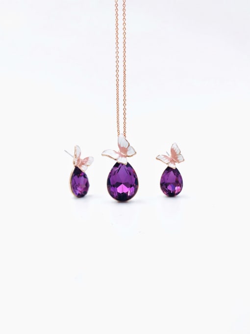 Rose gold+purple stone Dainty Butterfly Zinc Alloy Glass Stone Purple Enamel Earring and Necklace Set