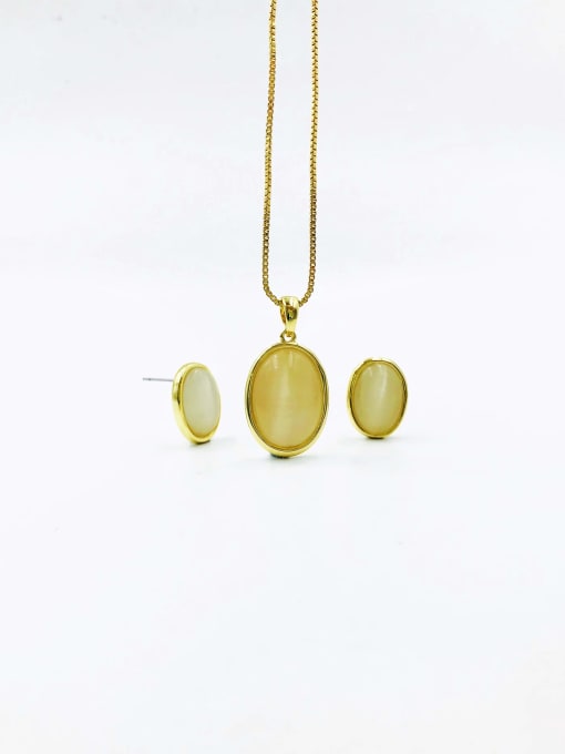 Gold Zinc Alloy Minimalist Oval Cats Eye White Earring and Necklace Set