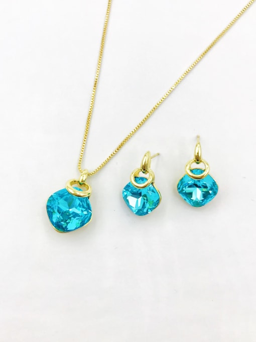 Blue Zinc Alloy Minimalist Square Glass Stone Blue Earring and Necklace Set
