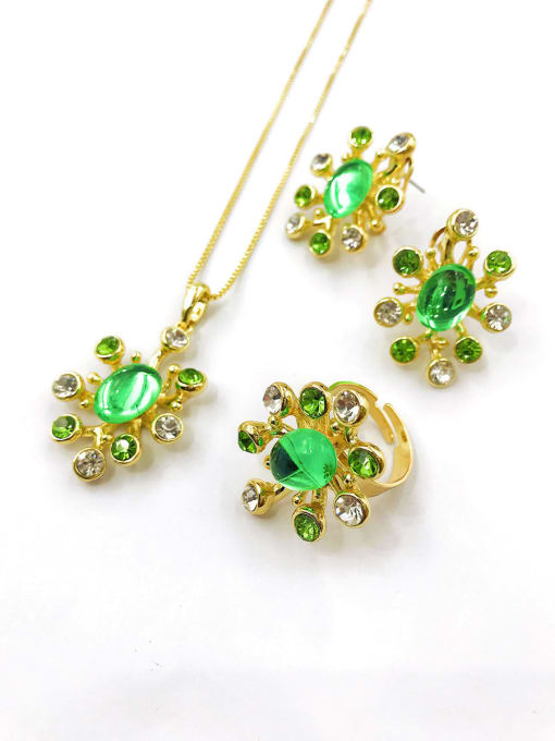 VIENNOIS Trend Flower Zinc Alloy Resin Green Earring Ring and Necklace Set 0
