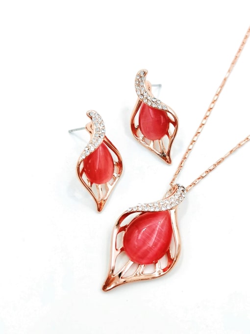 Red Trend Leaf Zinc Alloy Cats Eye Red Earring and Necklace Set