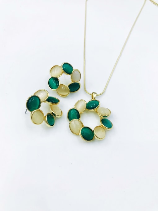 gold+green&white stone Statement Geometric Zinc Alloy Cats Eye White Earring and Necklace Set