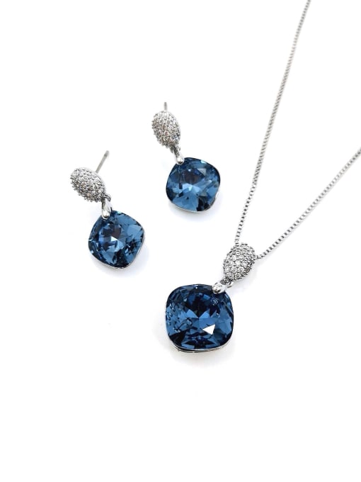 VIENNOIS Minimalist Geometric Brass Glass Stone  Blue Earring and Necklace Set 0