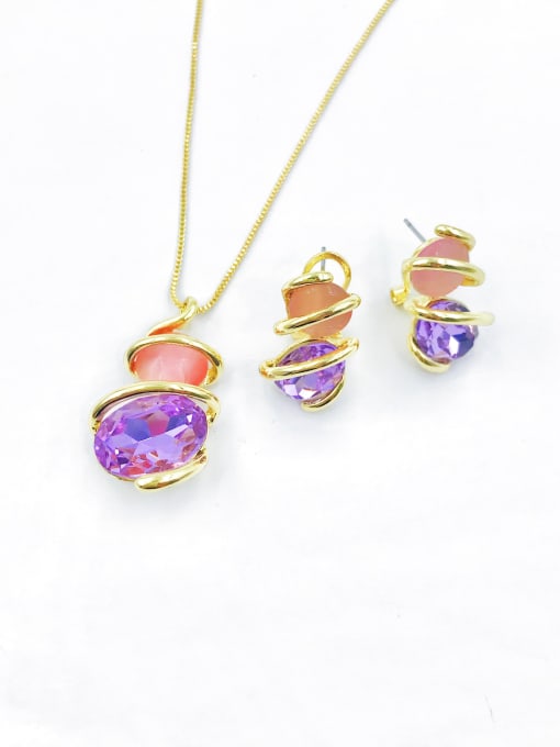 gold+purple glass+pink cat eye Zinc Alloy Trend Irregular Glass Stone Purple Earring and Necklace Set