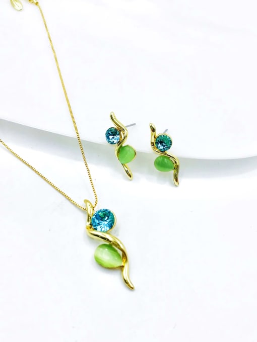 VIENNOIS Zinc Alloy Minimalist Water Drop Cats Eye Green Earring and Necklace Set 0