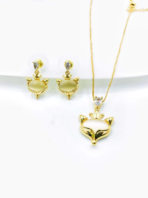 Gold Brass Dainty Crown Cats Eye White Earring and Necklace Set