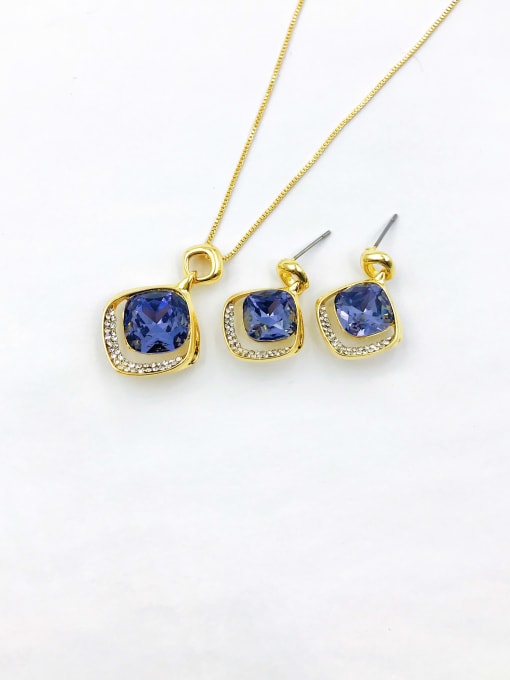 Purple Zinc Alloy Trend Square Glass Stone Purple Earring and Necklace Set