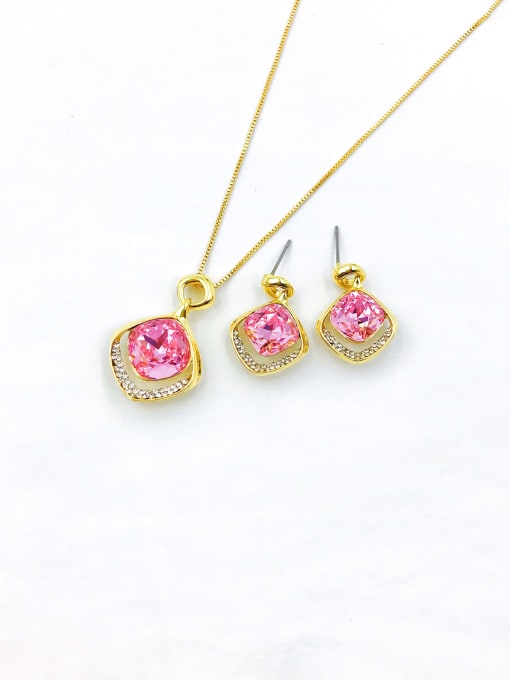 Pink Zinc Alloy Trend Square Glass Stone Purple Earring and Necklace Set