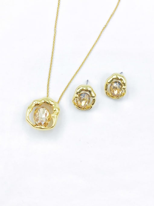 gold+golden glass Zinc Alloy Trend Irregular Glass Stone Blue Earring and Necklace Set