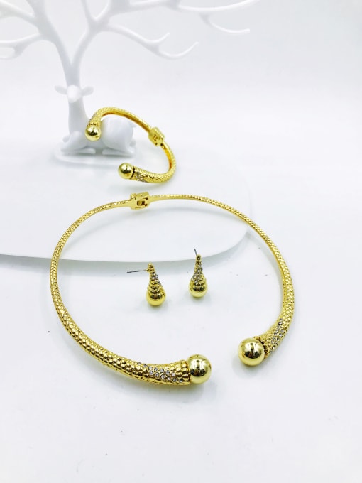 Gold Zinc Alloy Trend Bead Gold Bangle Earring and Necklace Set