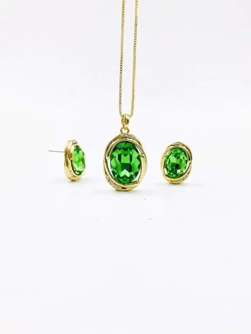 gold+green glass stone Zinc Alloy Trend Oval Glass Stone Green Earring and Necklace Set