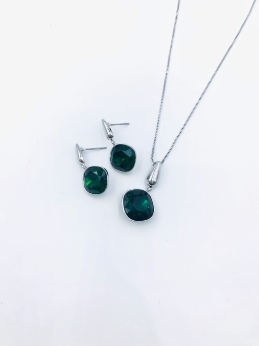 Green Minimalist Square Zinc Alloy Glass Stone Brown Earring and Necklace Set