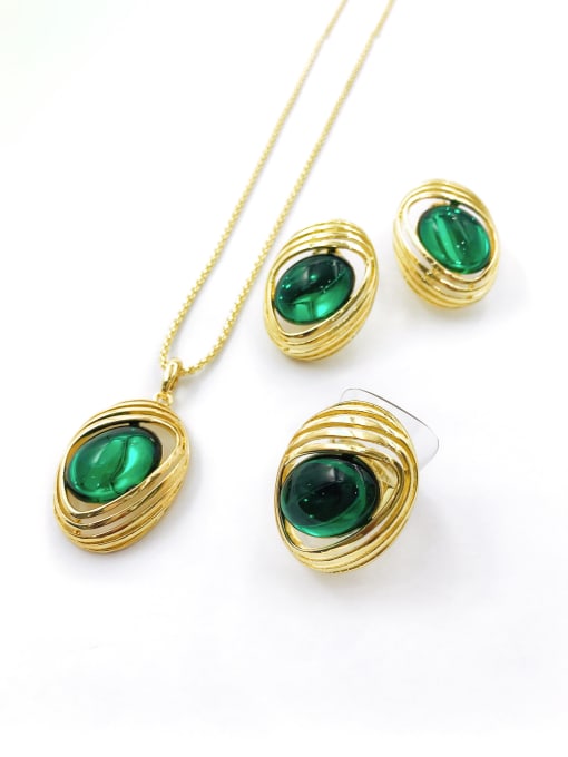 VIENNOIS Trend Oval Zinc Alloy Resin Green Earring Ring and Necklace Set 0