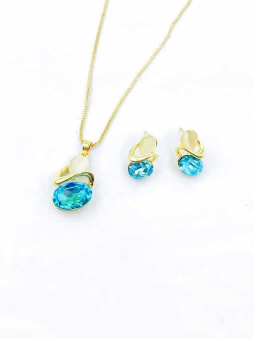 gold+blue glass+white cat eye Zinc Alloy Trend Irregular Glass Stone Blue Earring and Necklace Set