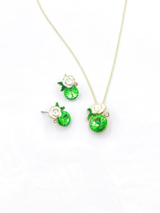 Green Zinc Alloy Dainty Flower Glass Stone Green Enamel Earring and Necklace Set