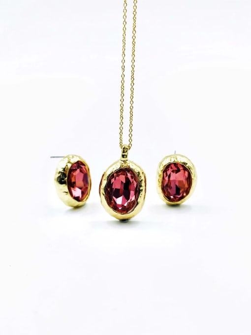 gold+red glass stone Zinc Alloy Minimalist Irregular Glass Stone Red Earring and Necklace Set