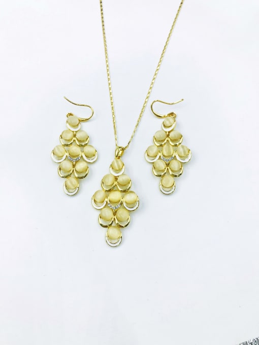 Gold Trend Geometric Zinc Alloy Cats Eye White Enamel Earring and Necklace Set