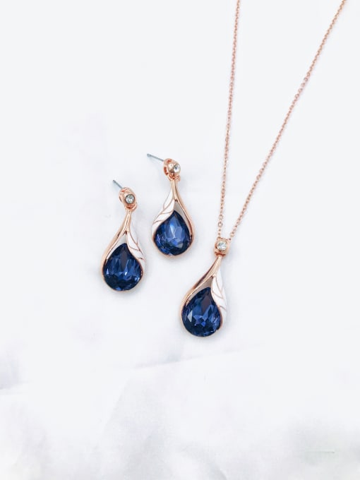 rose gold+purple stone Trend Water Drop Zinc Alloy Glass Stone Blue Enamel Earring and Necklace Set