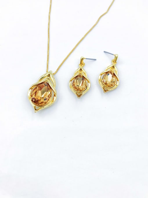 gold+golden glass Zinc Alloy Trend Glass Stone Gold Earring and Necklace Set