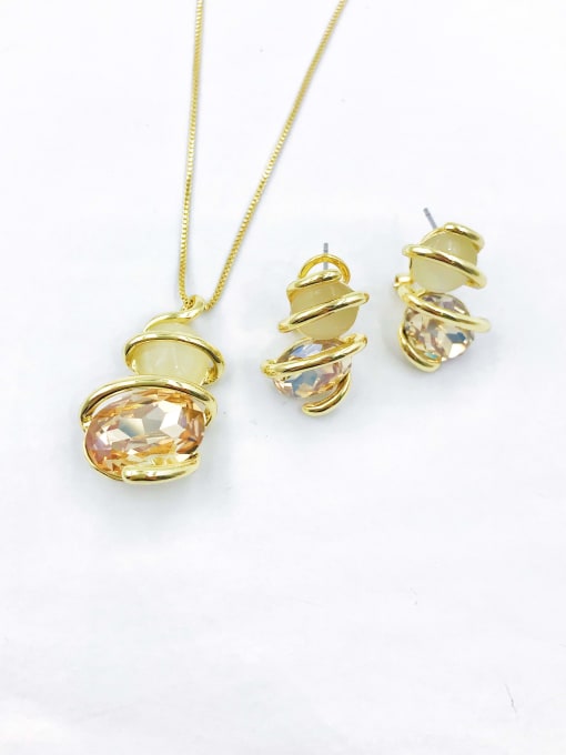 glass+golden glass+white cat eye Zinc Alloy Trend Irregular Glass Stone Purple Earring and Necklace Set