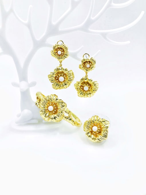 gold+white bead Zinc Alloy Trend Flower Bead Red Ring Earring And Bracelet Set