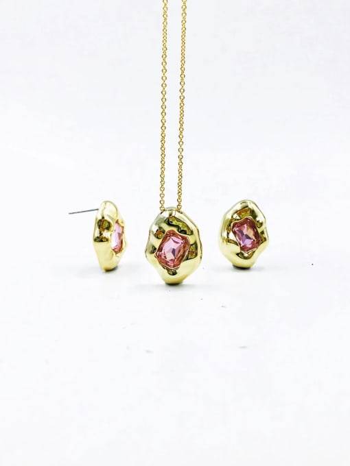 Pink Zinc Alloy Trend Irregular Glass Stone Pink Earring and Necklace Set